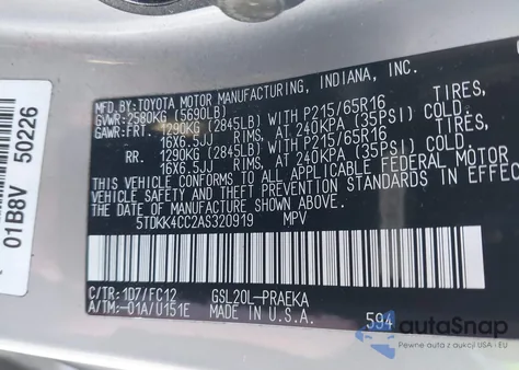 2010 Toyota Sienna Le из США, поврежденный, VIN 5TDKK4CC2AS320919